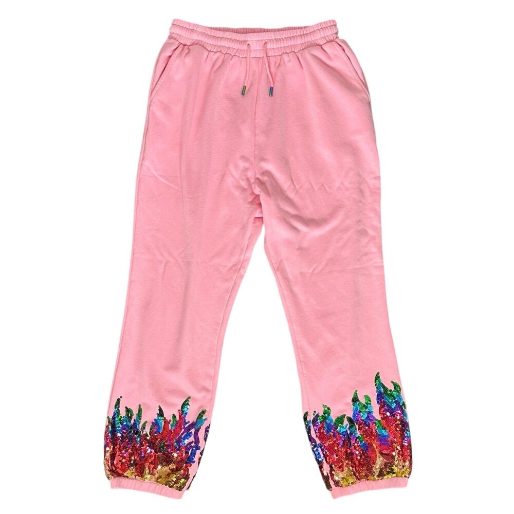 Queen of Sparkles Pink Sequin Rainbow Flame Sweatpants Joggers Large Womens - Picture 2 of 16